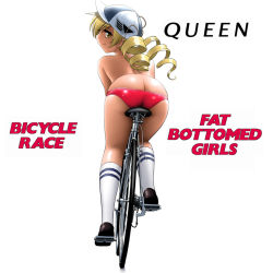 Rule 34 | 1girl, album cover, album cover redraw, ass, baseball cap, bicycle, bicycle race/fat bottom girls, blonde hair, butt crack, cover, derivative work, drill hair, english text, from behind, hat, long hair, looking back, mahou shoujo madoka magica, mahou shoujo madoka magica (anime), parody, queen (band), shingyouji tatsuya, simple background, smile, socks, solo, tomoe mami, topless, twin drills, white background, yellow eyes
