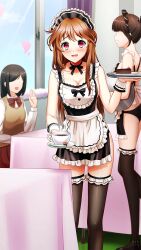 Rule 34 | 3girls, apron, black apron, black panties, black ribbon, black thighhighs, blush, breasts, brown hair, cake, cake slice, cleavage, coffee, collarbone, doukyuusei another world, embarrassed, faceless, faceless female, food, frilled thighhighs, frills, game cg, holding, holding plate, indoors, kakyuusei, long hair, looking at viewer, maid cafe, maid headdress, medium breasts, multiple girls, neck ribbon, open mouth, panties, plate, red eyes, ribbon, sideboob, solo focus, thighhighs, underwear, very long hair, waist apron, white apron, wrist cuffs, yuuki mizuho