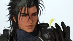 1boy armor black_gloves black_hair blue_sweater commentary crisis_core_final_fantasy_vii english_commentary facial_scar falling_petals final_fantasy final_fantasy_vii final_fantasy_vii_rebirth final_fantasy_vii_remake gloves hair_between_eyes hair_slicked_back hand_up heirakka lips male_focus medium_hair open_hand parted_lips petals pink_lips portrait ribbed_sweater scar scar_on_cheek scar_on_face shoulder_armor simple_background sleeveless sleeveless_turtleneck solo spiked_hair sweater turtleneck turtleneck_sweater upper_body yellow_petals zack_fair