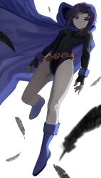 Rule 34 | 1girl, belt, black leotard, boots, breasts, cape, closed mouth, colored skin, commentary, covered navel, dc comics, expressionless, feathers, forehead jewel, full body, grey skin, highres, jourd4n, leotard, looking at viewer, medium breasts, purple eyes, purple footwear, purple hair, raven (dc), short hair, solo, teen titans
