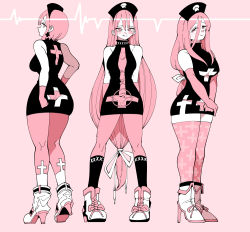 Rule 34 | 3girls, ass, ass cutout, blush, breasts, cleavage, cleavage cutout, clothing cutout, cross, cross earrings, earrings, elbow gloves, gloves, hat, high heels, jewelry, kafun, licking lips, limited palette, long hair, looking at viewer, looking back, multiple girls, naughty face, nurse, nurse cap, panties, pink eyes, pink hair, pink panties, short hair, smile, thighhighs, tongue, tongue out, underboob, underboob cutout, underwear, very long hair