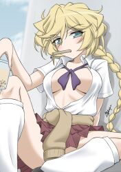 Rule 34 | 1girl, aged up, blonde hair, blue eyes, blush, braid, braided ponytail, breasts, carol malus dienheim, highres, large breasts, long hair, looking at viewer, maco tie, mole, mole under eye, mouth hold, no bra, open clothes, open mouth, open shirt, school uniform, senki zesshou symphogear, shirt, sitting, skirt, solo, spread legs, unbuttoned, white shirt