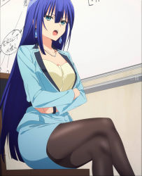 Rule 34 | 1girl, black pantyhose, blue eyes, blue hair, blue jacket, blue skirt, breasts, collarbone, crossed arms, earrings, engage kiss, formal, highres, jacket, jewelry, large breasts, long hair, necklace, open mouth, pantyhose, pencil skirt, screencap, shirt, sitting, skirt, skirt suit, stitched, suit, thighs, third-party edit, yellow shirt, yuugiri ayano