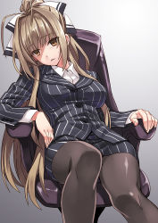 Rule 34 | 10s, 1girl, alternate color, amagi brilliant park, antenna hair, black pantyhose, breasts, brown eyes, brown hair, business suit, chair, empty eyes, exhausted, formal, hair intakes, large breasts, long hair, long sleeves, matsuryuu, office chair, pantyhose, parted lips, pencil skirt, pinstripe pattern, pinstripe suit, ponytail, sento isuzu, shiny clothes, sitting, skirt, skirt suit, solo, striped, suit, sweatdrop, swivel chair, vertical stripes