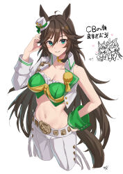Rule 34 | 2girls, absurdres, ahoge, animal ears, blush, breasts, brown hair, choker, cleavage, collarbone, commentary request, cropped legs, green eyes, green shirt, groin, hair between eyes, hair ornament, hairclip, hand on own hip, hand up, hat, highres, hitomin (ksws7544), horse ears, horse girl, horse tail, jacket, long hair, long sleeves, looking at viewer, medium breasts, midriff, mini hat, mini top hat, mr. c.b. (umamusume), multiple girls, navel, open clothes, open jacket, pants, parted lips, school uniform, shirt, sidelocks, simple background, single bare shoulder, single sleeve, sleeve cuffs, smile, solo focus, standing, strapless, strapless shirt, symboli rudolf (umamusume), tail, top hat, tracen school uniform, translation request, umamusume, white background, white jacket, white pants, yellow choker