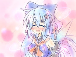 Rule 34 | 1girl, ^ ^, blue hair, blush, bow, breasts, cirno, detached sleeves, closed eyes, hair bow, hair ornament, long hair, aged up, open mouth, ribbon, scarf, smile, solo, touhou, yurume atsushi