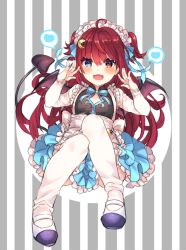 Rule 34 | 1girl, ahoge, bad id, bad twitter id, blue eyes, blue skirt, blush, commentary, crescent, crescent hair ornament, demon girl, demon horns, demon wings, detached sleeves, fangs, frilled skirt, frills, full body, hair ornament, headdress, heterochromia, horns, long hair, long sleeves, looking at viewer, nijisanji, open mouth, purple footwear, red eyes, red hair, shikino yuki, shoes, sitting, skin fangs, skirt, smile, solo, striped, striped background, thighhighs, two side up, uwabaki, virtual youtuber, waitress, white thighhighs, wings, yuzuki roa