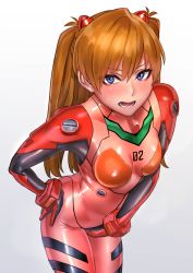 Rule 34 | 1girl, blue eyes, bodysuit, breasts, brown hair, covering crotch, covering privates, gloves, grey background, hair ornament, hand on own hip, highres, interface headset, kilye kairi, latex, latex bodysuit, long hair, looking at viewer, neon genesis evangelion, pilot suit, plugsuit, rebuild of evangelion, see-through, simple background, skin tight, small breasts, solo, souryuu asuka langley