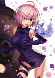 Rule 34 | 1girl, :d, ahoge, armor, armored dress, bare shoulders, blurry, blush, breasts, commentary request, cowboy shot, dress, elbow gloves, fate/grand order, fate (series), flower, fou (fate), gauntlets, gloves, hair between eyes, hair over one eye, head tilt, highres, holding, holding shield, large breasts, leaning forward, looking at viewer, mash kyrielight, multicolored clothes, multicolored gloves, npcpepper, open mouth, petals, pink flower, pink hair, purple dress, purple eyes, shield, short hair, smile, white background, white flower