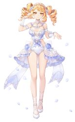 Rule 34 | 1girl, aisha (king&#039;s raid), bare shoulders, blonde hair, breasts, closed mouth, clothing cutout, dress, drill hair, frown, full body, hairband, hand up, highres, king&#039;s raid, large breasts, long hair, looking at viewer, official art, one-piece swimsuit, orange eyes, petals, shoes, side cutout, solo, standing, swimsuit, thighs, transparent background, twin drills, twintails, v-shaped eyebrows, wedding dress, white footwear, white one-piece swimsuit