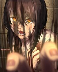 Rule 34 | 1girl, black hair, blood, chainsaw man, commentary, crying, crying with eyes open, english commentary, frown, hair between eyes, highres, long hair, nayuta (chainsaw man), nosebleed, open mouth, orange eyes, sannuaki, scratching, shirt, sidelocks, solo, tears, teeth, tongue, white shirt