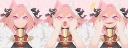 Rule 34 | 1boy, animal ears, astolfo (fate), black ribbon, blush, cat ears, cheek pull, cheek squash, comic, face, fang, fate/apocrypha, fate (series), fur trim, hair between eyes, hair intakes, hair ribbon, hands on another&#039;s face, happy, heart, heart in mouth, looking at viewer, male focus, multicolored hair, open mouth, out of frame, paw print, paw print background, paw print pattern, pink hair, pov, pov hands, purple eyes, ribbon, short hair, skin fang, solo focus, srinitybeast, tears, two-tone hair, watermark, web address