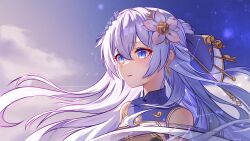 Rule 34 | 1girl, absurdres, bare shoulders, blue dress, blue eyes, china dress, chinese clothes, chinese commentary, clothing cutout, cloud, commentary request, dress, earrings, floating hair, flower, hair between eyes, hair flower, hair ornament, highres, hinata mr assassin, honkai (series), honkai impact 3rd, jewelry, long hair, parted lips, sky, sleeveless, solo, star (sky), theresa apocalypse, zhuge kongming (honkai impact), upper body, white hair, zhuge kongming (honkai impact)