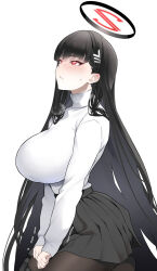 Rule 34 | 1girl, black hair, black skirt, blue archive, blush, breasts, brown pantyhose, hair ornament, hairclip, halo, large breasts, long hair, long sleeves, looking up, pantyhose, red eyes, rio (blue archive), skirt, soba (saz), solo, sweater, turtleneck, turtleneck sweater, very long hair, white sweater