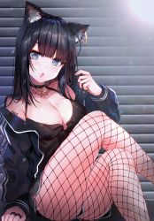 Rule 34 | 1girl, animal ear fluff, animal ears, bare shoulders, black camisole, black hair, black jacket, black shorts, breasts, camisole, cat ears, cleavage, collarbone, commentary, crossed legs, dolphin shorts, ear piercing, feet out of frame, fishnet pantyhose, fishnets, grey eyes, highres, jacket, jewelry, large breasts, long hair, long sleeves, looking at viewer, mole, mole on breast, necklace, off shoulder, open clothes, open jacket, original, pantyhose, parted lips, piercing, short shorts, shorts, sitting, sleeves past wrists, solo, usagihime