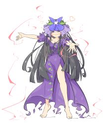 Rule 34 | 1girl, absurdres, barefoot, black hair, blush, breasts, cleavage, commentary request, dress, flower, grin, hair flower, hair ornament, hands up, heart, highres, long hair, looking at viewer, medium breasts, primsla, puffy short sleeves, puffy sleeves, purple dress, purple eyes, short sleeves, simple background, single bare leg, smile, solo, spread fingers, spread legs, standing, toes, touhou, unfinished dream of all living ghost, white background, yomotsu hisami