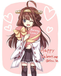 Rule 34 | 10s, 1girl, ahoge, boots, brown hair, burning love (phrase), happy valentine, heart, heart background, kantai collection, kongou (kancolle), long hair, lowres, nekoyanagi reo, nontraditional miko, simple background, solo, thigh boots, thighhighs, twitter username