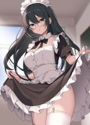 Rule 34 | 1girl, aoi (monochrome bunny), apron, black dress, black hair, breasts, dress, garter straps, glasses, hair between eyes, highres, icomochi, indoors, large breasts, lifted by self, long hair, looking at viewer, maid, maid apron, maid headdress, open mouth, original, solo, thighhighs, white thighhighs, wrist cuffs