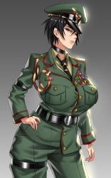 Rule 34 | 1girl, anima (togashi), blue eyes, boots, breasts, close-up, commission, gradient background, hat, high heels, highres, large breasts, latex, latex boots, mature female, medal, military, military hat, military uniform, necktie, original, short hair, simple background, solo, standing, uniform