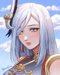 Rule 34 | 1girl, artist name, bare shoulders, blue sky, closed mouth, earrings, english text, genshin impact, grey hair, highres, jewelry, multicolored eyes, portrait, rezoeline, shenhe (genshin impact), signature, sky, solo, tassel, white hair