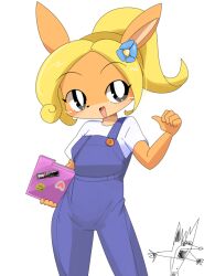 Rule 34 | 1boy, 1girl, black eyes, blonde hair, blue overalls, bright pupils, coco bandicoot, computer, contrapposto, cowboy shot, crash bandicoot, crash bandicoot (series), crash bandicoot woah (meme), furry, furry female, furry male, high ponytail, holding, holding laptop, laptop, lets0020, looking at viewer, meme, open mouth, overalls, shirt, short hair, short sleeves, simple background, smile, solo focus, white background, white pupils, white shirt