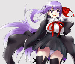 Rule 34 | 1girl, :d, bb (fate), bb (fate/extra), black coat, black skirt, black thighhighs, breasts, coat, collared shirt, cowboy shot, fate/extra, fate/extra ccc, fate (series), furrowed brow, gloves, hair between eyes, hair ribbon, hand up, high-waist skirt, index finger raised, large breasts, legs apart, long hair, long sleeves, miniskirt, n36hoko, neck ribbon, open clothes, open coat, open mouth, panties, pleated skirt, pointer, purple eyes, purple hair, red ribbon, ribbon, shirt, skirt, smile, solo, thighhighs, underwear, very long hair, white gloves, white panties, white shirt