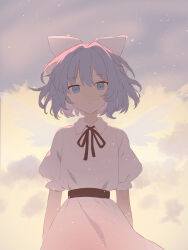 Rule 34 | 1girl, absurdres, blue eyes, bow, cloud, cloudy sky, collared dress, commentary request, cowboy shot, dress, expressionless, fog, hair bow, highres, iris-san, looking at viewer, mai (touhou), mystic square, neck ribbon, puffy short sleeves, puffy sleeves, purple hair, red ribbon, red sash, ribbon, sash, short hair, short sleeves, sky, solo, touhou, touhou (pc-98), upper body, white bow, white dress