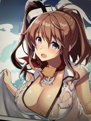 Rule 34 | 10s, 1girl, anchor, blue eyes, breast pocket, breasts, brown hair, clothes lift, dress, dress lift, hair between eyes, highres, kantai collection, kekocha, large breasts, long hair, looking at viewer, neckerchief, no bra, open clothes, open dress, pocket, ponytail, red neckerchief, saratoga (kancolle), see-through, side ponytail, sidelocks, solo, upper body, wet, wet clothes, white dress