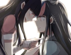 Rule 34 | 2girls, aoki shizumi, black hair, blue hair, commentary request, crazy eyes, crying, crying with eyes open, danganronpa (series), danganronpa 2: goodbye despair, drooling, ear piercing, hair horns, implied yuri, long arms, long hair, looking at another, mioda ibuki, multicolored hair, multiple girls, open mouth, parted lips, piercing, pink eyes, pink hair, pointy nose, puffy short sleeves, puffy sleeves, red eyes, saliva, school uniform, short sleeves, smile, tears, teeth, tsumiki mikan, upper teeth only, white background, white hair