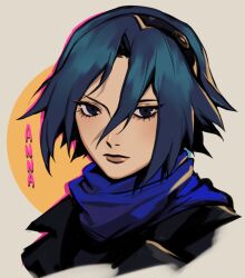 Rule 34 | 1girl, black jacket, blue eyes, blue hair, blue scarf, character name, closed mouth, cropped shoulders, eyelashes, hair between eyes, hairband, highres, jacket, lady scorpio (persona 2 tsumi), lips, looking at viewer, neekosiah, outline, persona, persona 2, persona 2 tsumi, portrait, scarf, short hair, simple background, solo, yoshizaka anna
