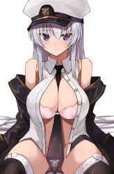 Rule 34 | 1girl, absurdres, azur lane, bare shoulders, between breasts, black coat, black necktie, black thighhighs, blush, bottomless, bra, breasts, cleavage, closed mouth, coat, collared shirt, convenient censoring, enterprise (azur lane), hat, highres, large breasts, long hair, looking at viewer, misonikomi, necktie, necktie between breasts, no panties, off shoulder, open clothes, open coat, peaked cap, pink bra, purple eyes, shirt, sidelocks, silver hair, simple background, sitting, smile, solo, straight hair, thighhighs, unbuttoned, unbuttoned shirt, underwear, very long hair, white background, white hat, white shirt
