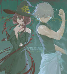 Rule 34 | 1boy, 1girl, absurdres, bare shoulders, black dress, black hat, black shirt, blood, closed mouth, clothes around waist, commentary request, copyright name, cowboy shot, crimson (ragna crimson), dress, green eyes, grey hair, hair between eyes, hair over one eye, hand on own elbow, hand up, hat, heterochromia, highres, huaano, jacket, jacket around waist, long hair, looking at viewer, ragna (ragna crimson), ragna crimson, red eyes, red hair, shirt, short hair, sleeveless, sleeveless shirt, smirk, white jacket, witch hat