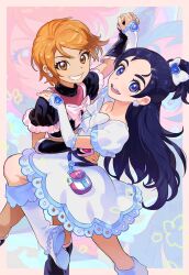 Rule 34 | 2girls, black hair, blue eyes, boots, bow, bowtie, commentary, cure black, cure white, dancing, detached sleeves, dress, earrings, english commentary, forurbri, frills, futari wa precure, hair bow, hand on another&#039;s chest, hand on another&#039;s shoulder, heart, heart earrings, high ponytail, highres, holding hands, jewelry, knee boots, magical girl, misumi nagisa, multiple girls, precure, puffy sleeves, red hair, short hair, white dress, white footwear, yellow eyes, yukishiro honoka