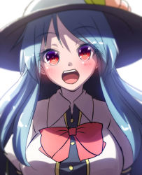 Rule 34 | 1girl, :d, blouse, blue hair, blush, food, fruit, hair between eyes, hinanawi tenshi, large hat, long hair, open mouth, peach, portrait, puffy short sleeves, puffy sleeves, red eyes, ryosios, shirt, short sleeves, simple background, smile, solo, touhou, white shirt