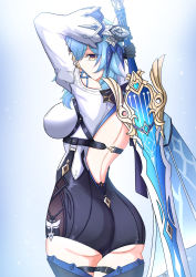 Rule 34 | 1girl, absurdres, ass, black gloves, blue background, blue hair, bodystocking, breasts, cowboy shot, elina (eri15), eula (genshin impact), from behind, genshin impact, gloves, gradient background, greatsword, highres, holding, holding weapon, huge weapon, large breasts, long sleeves, looking at viewer, looking back, medium hair, simple background, solo, sword, weapon, yellow eyes