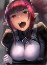 Rule 34 | 1girl, blunt bangs, breasts, commentary request, demon girl, fangs, gloves, highres, large breasts, long hair, long sleeves, open mouth, pink hair, pixiv fantasia, pointy ears, red eyes, sakazu mekasuke, sidelocks, solo, teeth, upper body, v-shaped eyebrows, white gloves