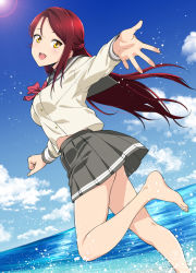 Rule 34 | 1girl, :d, barefoot, blue sky, blush, bow, bowtie, breasts, cloud, day, feet, foreshortening, from side, grey skirt, half updo, jyura, long hair, long sleeves, looking at viewer, looking to the side, love live!, love live! school idol project, love live! sunshine!!, medium breasts, midriff peek, ocean, open mouth, outdoors, pleated skirt, red bow, red bowtie, red hair, sakurauchi riko, school uniform, serafuku, skirt, sky, smile, solo, uranohoshi school uniform, yellow eyes