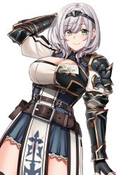 Rule 34 | 1girl, absurdres, arm behind head, arm up, armor, belt, black thighhighs, blue skirt, braid, breasts, cleavage, closed mouth, cowboy shot, green eyes, grey hair, highres, hololive, large breasts, looking at viewer, pleated skirt, puffy sleeves, shirogane noel, shirogane noel (1st costume), short hair, simple background, skirt, smile, solo, thighhighs, tiara, tylergreen, virtual youtuber, white background, zettai ryouiki