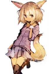 Rule 34 | 10s, 1girl, absurdres, animal ears, blonde hair, bow, bowtie, commentary request, fennec (kemono friends), fox ears, fox tail, fur trim, highres, kaamin (mariarose753), kemono friends, pleated skirt, puffy short sleeves, puffy sleeves, short hair, short sleeves, skirt, solo, standing, standing on one leg, tail, thighhighs