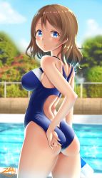 Rule 34 | 10s, 1girl, adjusting clothes, adjusting swimsuit, artist name, ass, blue eyes, blue one-piece swimsuit, blush, breasts, brown hair, competition swimsuit, eyebrows, from behind, highres, large breasts, looking at viewer, looking back, love live!, love live! sunshine!!, one-piece swimsuit, pool, short hair, solo, swimsuit, watanabe you, zukky