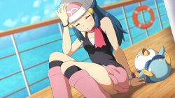 Rule 34 | 1girl, beanie, black socks, blurry, blush, boots, closed eyes, cloud, commentary request, creatures (company), dawn (pokemon), day, eyelashes, game freak, gen 4 pokemon, hair ornament, hairclip, hand on own head, hat, kneehighs, long hair, nintendo, outdoors, pink footwear, pink neckwear, piplup, pokemon, pokemon (anime), pokemon (creature), pokemon dppt (anime), raised eyebrows, scarf, sitting, sky, socks, suitenan, tearing up, white headwear