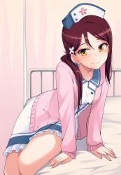 Rule 34 | 10s, 1girl, bed, blush, breasts, buttons, cherry blossoms, collared dress, dress, hair between eyes, hair ornament, hairclip, half updo, hat, highres, hospital bed, long hair, long sleeves, looking at viewer, love live!, love live! school idol festival, love live! sunshine!!, nanotsuki, nurse, nurse cap, on bed, open clothes, pink sweater, red hair, sakurauchi riko, sitting, small breasts, smile, solo, sweater, yellow eyes