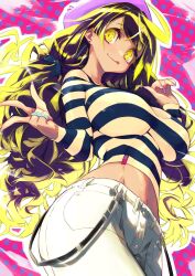 Rule 34 | 1girl, absurdres, black hair, blonde hair, breasts, dark-skinned female, dark skin, denim, earrings, fingernails, highres, jeans, jewelry, king rooper, large breasts, midriff, multicolored hair, nail polish, navel, original, pants, purple headwear, ring, shirt, solo, striped clothes, striped shirt, tongue, tongue out, wide hips, yellow eyes