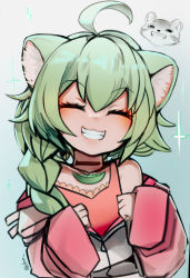 Rule 34 | 1girl, ^ ^, ahoge, animal ear fluff, animal ears, borrowed character, braid, closed eyes, commentary, ehrrr, english commentary, facing viewer, gradient background, green hair, grin, highres, jewelry, long hair, long sleeves, original, pendant, simple background, sleeves past wrists, smile, solo, sparkle, teeth, twitter username, upper body, virtual youtuber