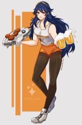 Rule 34 | 1girl, absurdres, alcohol, beer, beer mug, black pantyhose, blue eyes, blue hair, chicken (food), clothes writing, commentary, cup, fire emblem, fire emblem awakening, food, grey background, grin, highres, holding, holding tray, hooters, long hair, looking at viewer, lucina (fire emblem), mug, nintendo, orange shorts, pantyhose, pantyhose under shorts, shoes, short shorts, shorts, sierra117renner, simple background, smile, sneakers, solo, tank top, thighs, tiara, tray, very long hair, white footwear, white tank top
