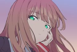 Rule 34 | 1girl, brown hair, closed mouth, commentary request, gradient background, green eyes, gridman universe, hoyon, long hair, minami yume, multicolored background, portrait, solo, ssss.dynazenon, upper body