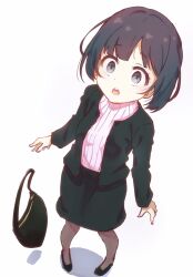 Rule 34 | 1girl, bag, black footwear, black hair, black jacket, black skirt, brown pantyhose, commentary request, full body, grey eyes, highres, jacket, long sleeves, minarai shachou, open clothes, open jacket, open mouth, original, pantyhose, ribbed shirt, shadow, shirt, shoes, skirt, solo, standing, white shirt