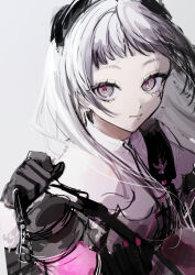 Rule 34 | 1girl, aizuki sui, ammunition belt, arknights, black gloves, closed mouth, fire, gloves, grey background, grey eyes, grey hair, head wings, highres, holding, holding lantern, irene (arknights), lantern, lips, long hair, looking at viewer, pink fire, scar, scar across eye, scar on face, simple background, sketch, solo, upper body, wings
