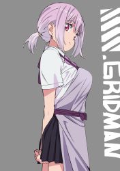 Rule 34 | 10s, 1girl, apron, black skirt, bow, breasts, gridman universe, highres, large breasts, light purple hair, looking at viewer, pleated skirt, ponytail, purple bow, red eyes, saitou kengo, shinjou akane, shirt, skirt, smile, solo, ssss.gridman, standing