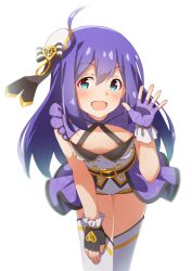 Rule 34 | 1girl, aqua eyes, breasts, fingerless gloves, gloves, gold trim, hat, idolmaster, idolmaster (classic), idolmaster million live!, idolmaster million live! theater days, idolmaster stella stage, leaning forward, long hair, mochizuki anna, purple hair, simple background, small breasts, solo, thighhighs, top! clover, white background, white thighhighs, yuukyan (ucan85)